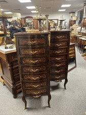 Pair French Louis XVI Kingwood Style Walnut & Mahogany Chest of Drawers Tall Boy