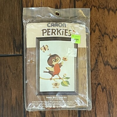 Vintage Caron Perkies BUBBLY BIRD Crewel Sewing Kit 5'' x 7'' Robin 6436 NOS
