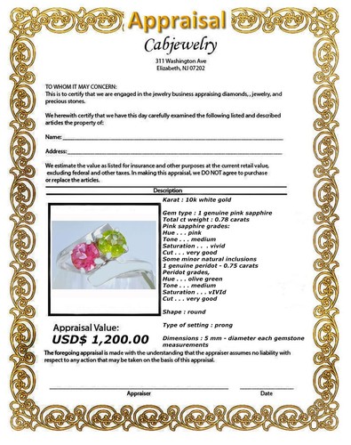 GENUINE 0.78 Cts PINK SAPPHIRE & PERIDOT RING 10K SOLID WHITE GOLD -NWT - Picture 8 of 8