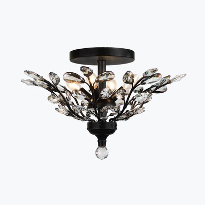 Branch of Light Matte Black 21in Flush Ceiling Mount Chandelier Clear Crystals