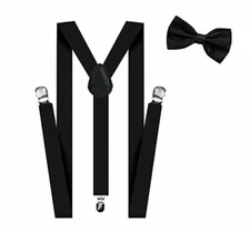 All Black Bow Tie & Suspender Set Tuxedo Wedding Formal Men's Accessories 