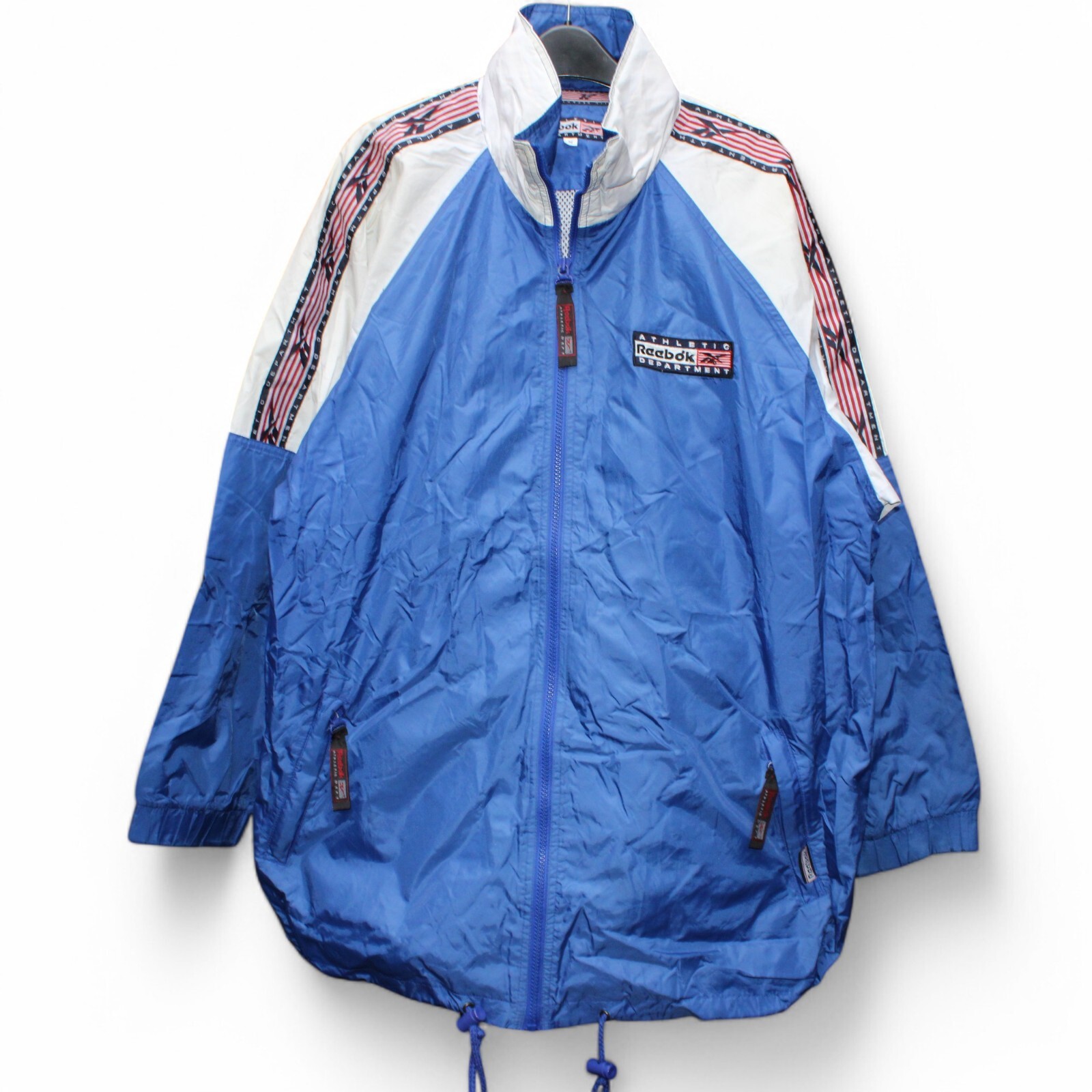 REEBOK Mens Anorak Jacket Blue Hooded Taped Mens L/XL 90s Vintage Raincoat Zip
