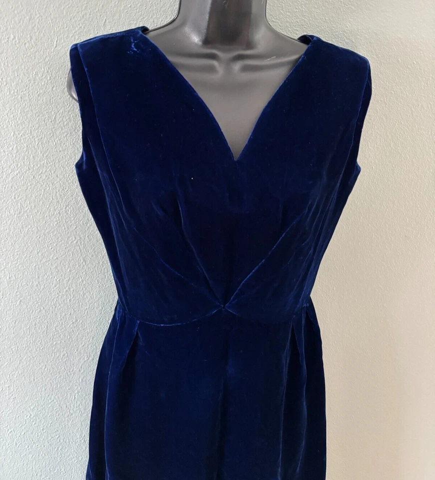 ¡Vintage! Vestido de Terciopelo R&K Original Azul Marino Cuello en V Cremallera Cierre Espalda Sin Mangas Foto 4 de 4