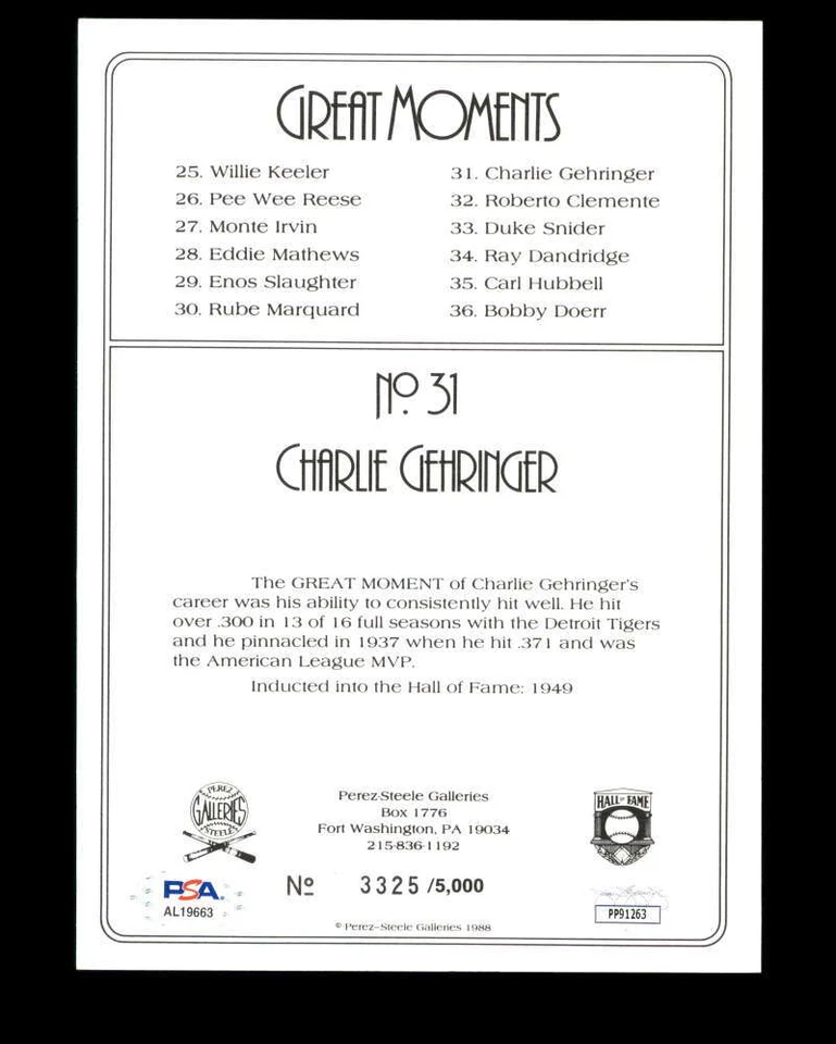 Charlie Gehringer PSA DNA Signed Perez Steele Great Moments Postcard Autograph - Image 2 of 2