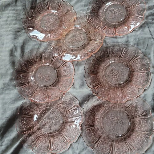 7 Jeannette Cherry Blossom SAUCERS Pink Depression Glass 5 5/8" Gorgeous Set