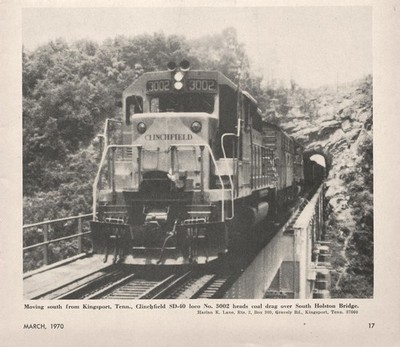 Clinchfield SD40 #3002 Coal Drag on South Holston Bridge 1970 Vtg Mag Cut-Out