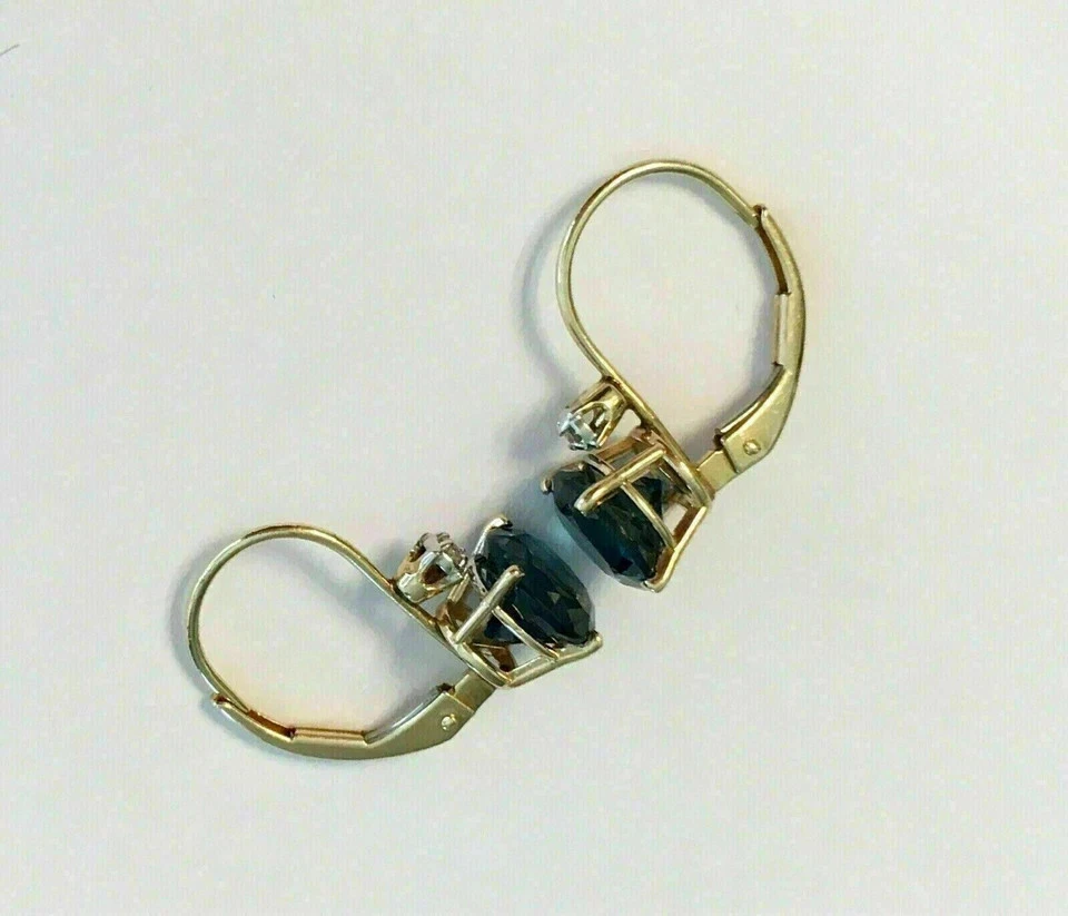 Pendientes colgantes/gota de topacio azul creados en laboratorio de corte redondo de 2 quilates de oro amarillo de 14 k Foto 4 de 4