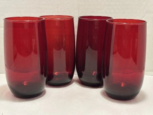 4 PC Vintage Anchor Hocking Royal Ruby Red Glasses Roly Poly Tumblers 14oz MCM