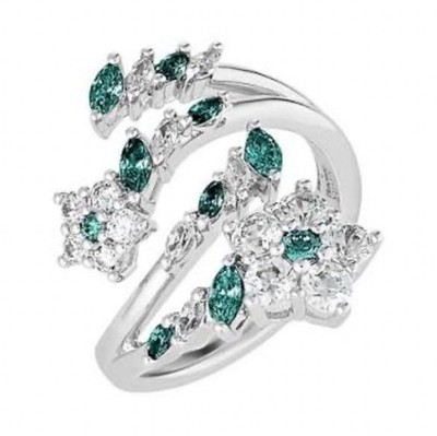 White Gold Ring Green & White Stones Floral Cluster Cocktail Sizable 5535841