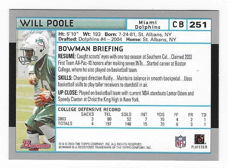 2004 Bowman Rookie Will Poole Miami Dolphins Football Card #251 RC - Image 2 of 2