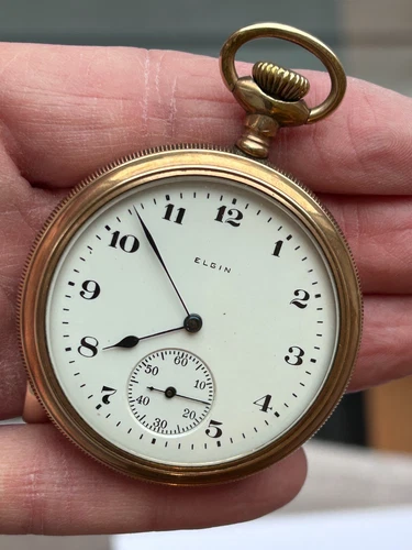 Antique ELGIN Open Face Pocket Watch With Gold Filled Case (B725)