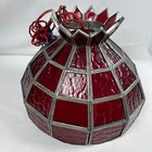 VTG  Stained Glass Tiffany Style Red Hanging Swag Lamp MCM 12" x 9"