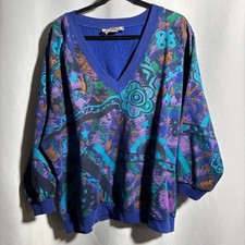 VTG Bacio Blue Abstract Floral V Neck Sweatshirt Womens L Blue 80s 90s Funky