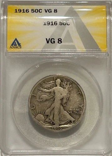1916 P Walking Liberty Silver Half Dollar ANACS VG8 608k Total Mintage