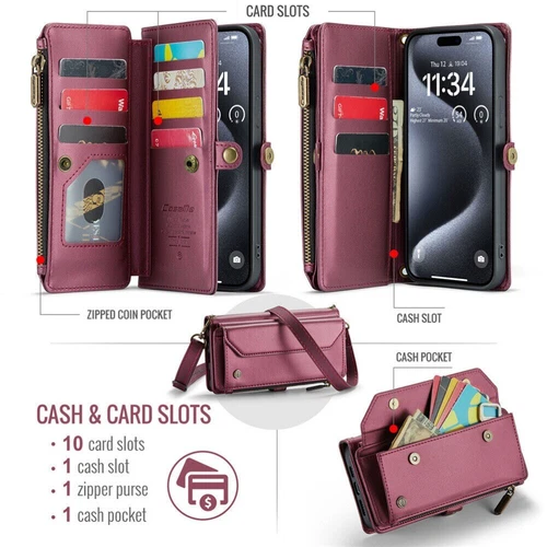 For iPhone 16 15 14 13 12 Pro Max Plus Case Wallet Leather ZIP Bag Strap Cover - Picture 62 of 84
