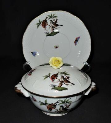 Herend Porcelain ROTHSCHILD BIRD 740 Rose Lidded Cream Soup Bowl & Saucer (B)