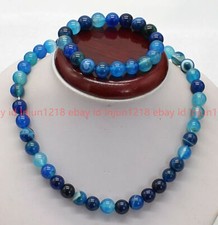 Natural 6/8/10/12mm Blue Stripe Agate Gemstone Beads Necklace Bracelet 18/7.5"