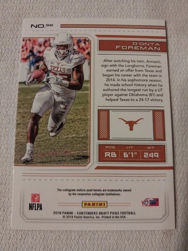 2018 D'ONTA FOREMAN PANINI CONTENDERS NFL CARD #36 PANTHERS TEXANS TEXAS 'HORNS - Picture 2 of 2