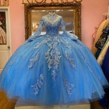 Blue Quinceanera Dresses Long Sleeve Lace Appliques Beaded Sweet 15 16 Ball Gown