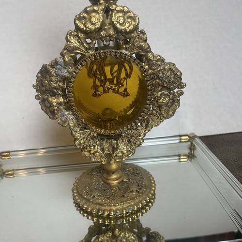 Antique Victorian Brass Ormolu Amber Glass 10.5x5 Ornate Filigree Perfume Bottle - Picture 7 of 14