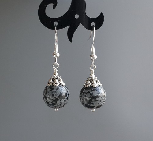 Round Snowflake Obsidian Black Gray Dots Earrings 925 Sterling Silver Hooks - Picture 2 of 4