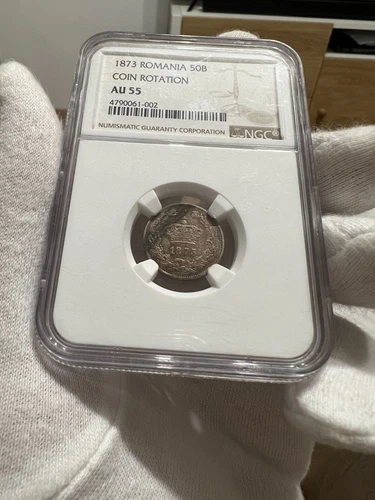 50 Bani 1873 Silver, Romania NGC AU55, coin rotation