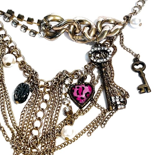 Betsey Johnson Gold Statement Necklace Rhinestones Key Pink Heart Dangle Layered - Picture 6 of 8
