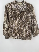 Chicos Size 2 Jacket Linen Cotton Womens Large Button Up Taupe Artsy Watercolor