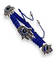 Adjustable Unisex Hamsa Hand Bracelet with Protection Eye Blue Macrame Cord