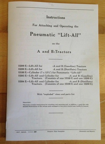3 Manual Set of Pneumatic Lift-ALL IH Farmall B BN Exhaust Lift Owner's Parts - Picture 10 of 12