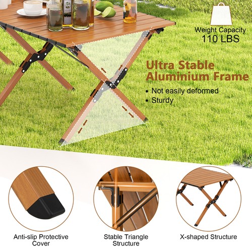 Folding Aluminum Camping Table Roll-Up Picnic Table w/ Carry Bag & Wood Grain - Foto 5 di 9
