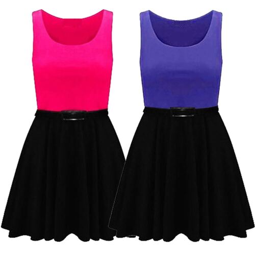 New Ladies 2 In 1 Color Block Sleeveless  Flared Franki Skater Party Dress 16-26 - Picture 1 of 11
