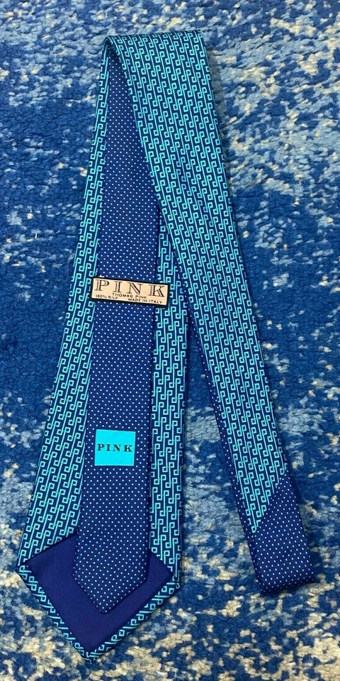 Corbata Thomas Rosa Azul Aqua Geométrica Seda Hecha en Italia Foto 3 de 4