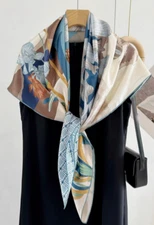 100% Silk 41" large Square Scarf Women Shawl Wrap floral beige brown blue HD91