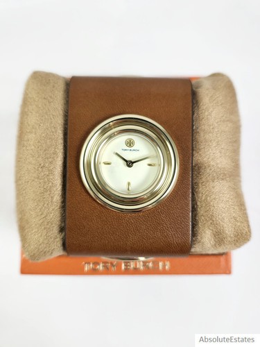 NEW Tory Burch Gold Brown Leather Cuff Bracelet Watch TBW7020 NIB NWT - Picture 3 of 6