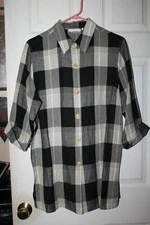 Field Manor--Women's Linen/ Rayon Checkered Front Button 3/4 Sleeve Top--M