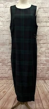 Talbots Dress 12P Petite Black Watch Sleeveless Wool Tartan Plaid Sheath Midi