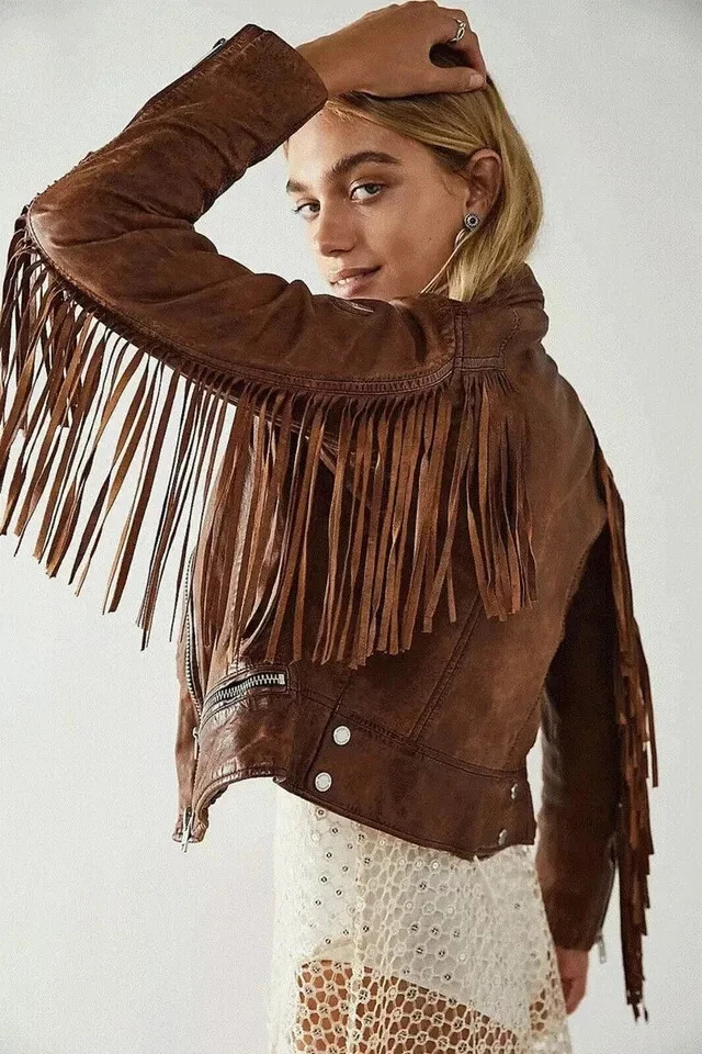 Women's Brown Leather Fringe Jacket Lambskin 100% Real Leather Fringed Jacket