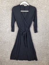 Gap Knit Wrap Midi Dress Womens S Black 3/4 Sleeve Tie Waist Stretch Casual Chic