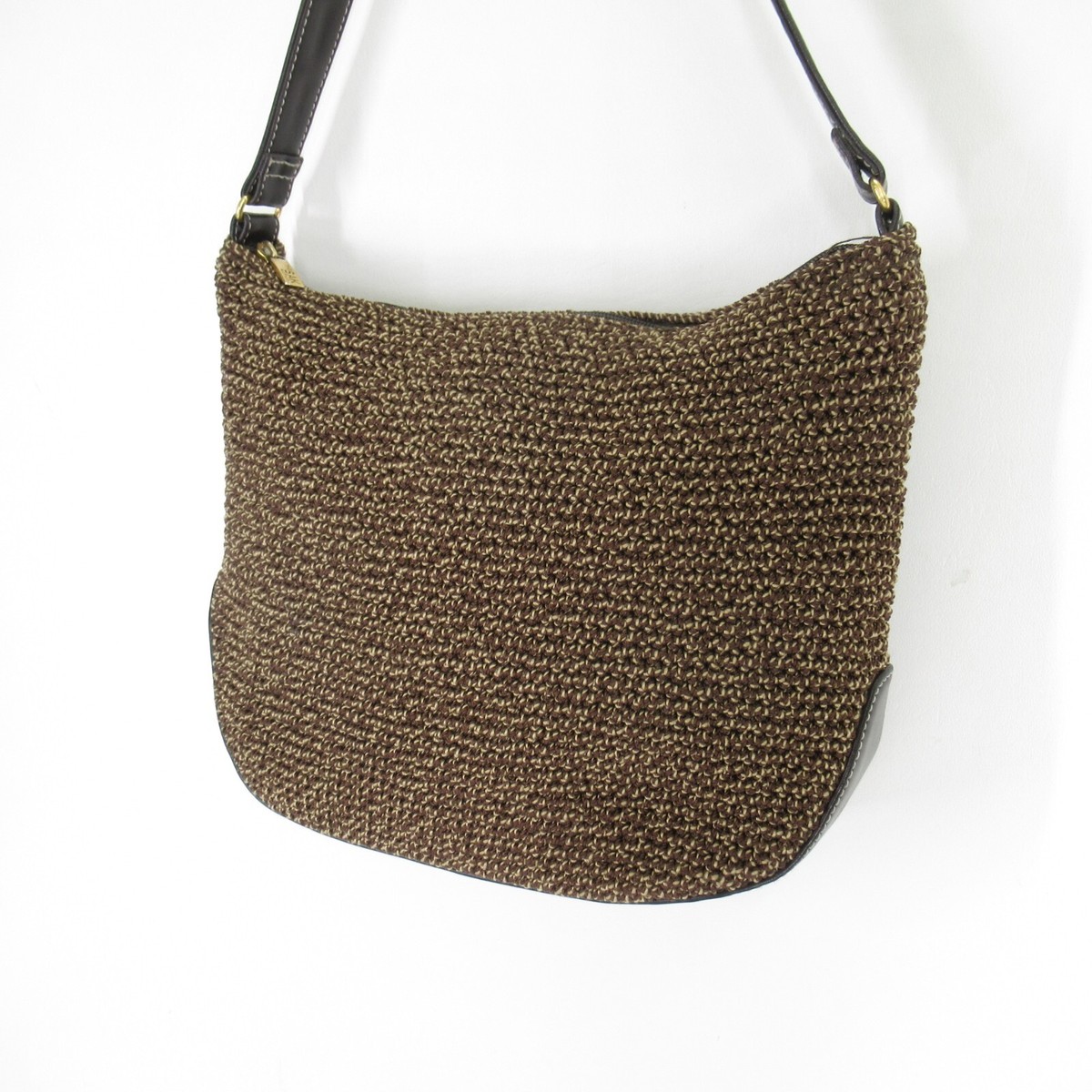 The Sak Handbag M Brown Crochet Nylon Lined Purse Shoulder Bag Faux Leather  Trim