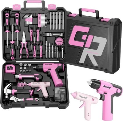 GRENPRO Pink Tool Set Drill Set, 188PCS Tool Kit For Home with Pink Cordless D
