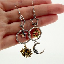 Sun Moon Star Mismatched Dangle Earrings, Celestial Silver Gold Jewelry