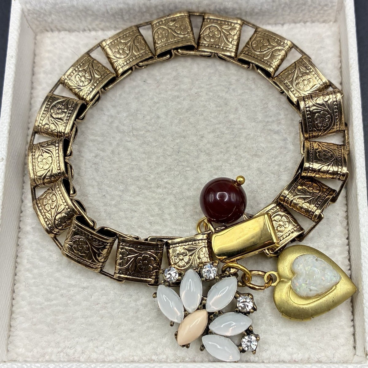 Vintage Japan Glass & Opalite Rhinestone Charms on New Antiqued Gold Book Chain View 4