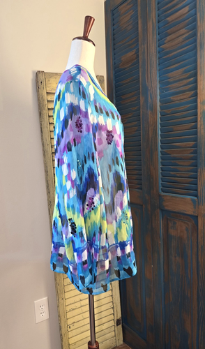 Laura Ashley 100% Seide Modern Art Jacke 2X Blau Lila Grün Pailletten Lebendig - Bild 2 von 14