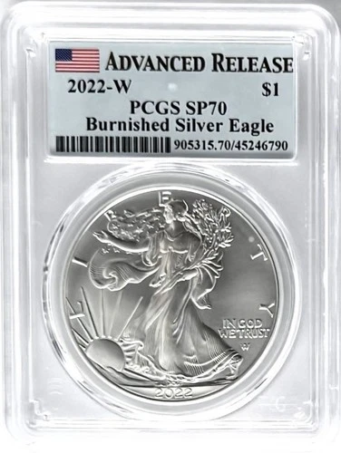2022 W BURNISHED SILVER EAGLE W MINT MARK ADVANCED RELEASE PCGS SP70/MS70 FLAG