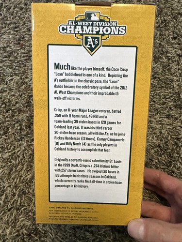 Oakland A's Coco Lean Coco Crisp Bobblehead 2013 NIB Limited Edition MLB SGA - Picture 3 of 5