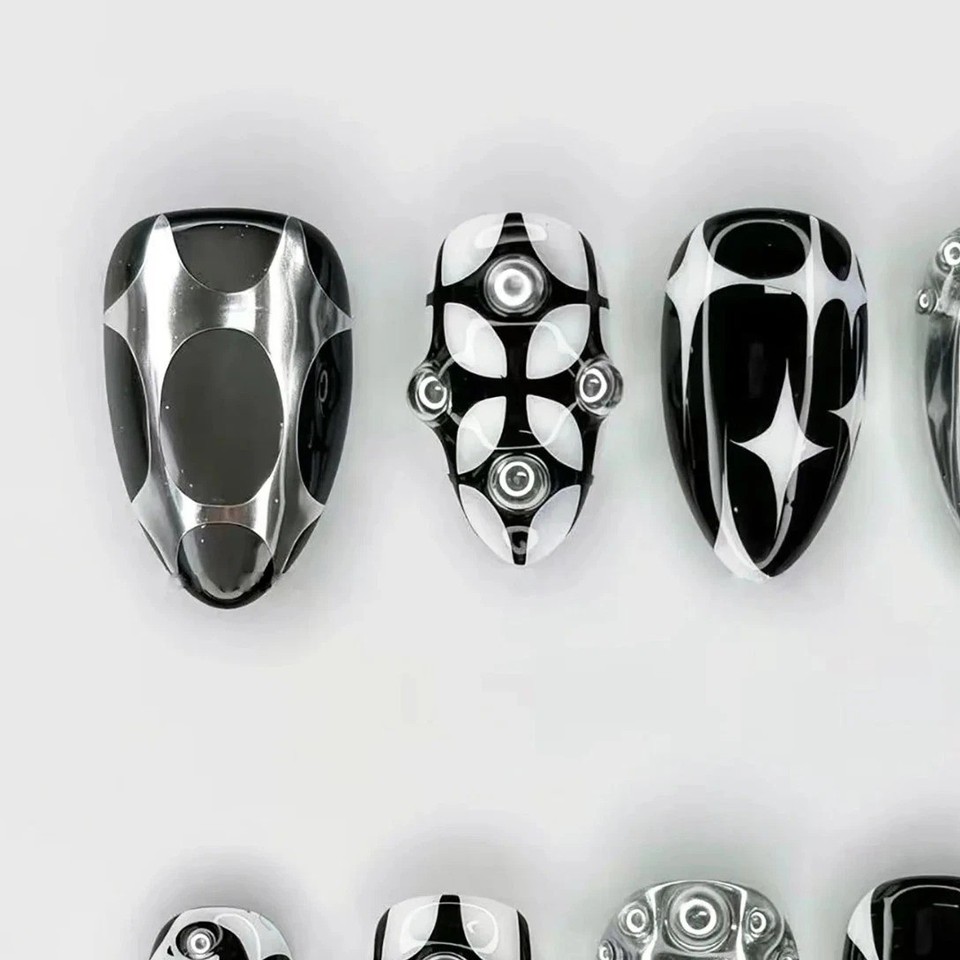 24PCS Gothic Almond False Nails Press On Halloween Blood Chrome Cross ...