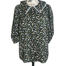 Halston Floating Ditsy Black Floral Blouse Women Peter Pan Lace NWT Large Twee 