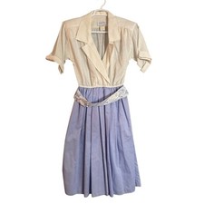 Leslie Fay Vintage Two Tone Midi Dress Belted Shirtwaist Blue Pastel Size 12