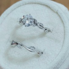 2Ct Certified Moissanite Round Cut 14K White Gold Plated Bridal Band Ring Set